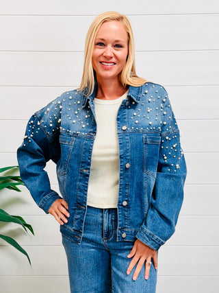 Love You More Pearl and Rhinestone Studded Denim Jacket-Easel-Shop Anchored Bliss Women's Boutique Clothing Store