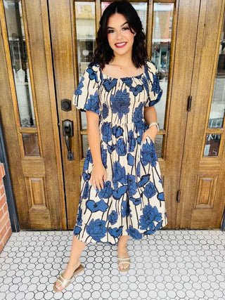 Field of Flowers Puff Sleeve Maxi Dress • Blue-She+Sky-Shop Anchored Bliss Women's Boutique Clothing Store