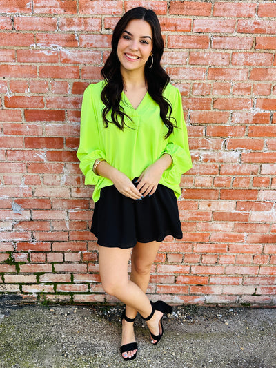 Jamie Balloon Sleeve Top • Neon Yellow-Emerald Creek-Shop Anchored Bliss Women's Boutique Clothing Store