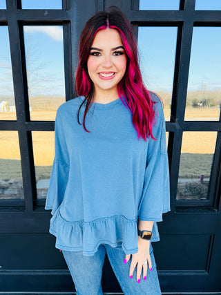 You Go Girl Ruffle Bottom Acid Washed Tunic Top • Blue-Easel-Shop Anchored Bliss Women's Boutique Clothing Store