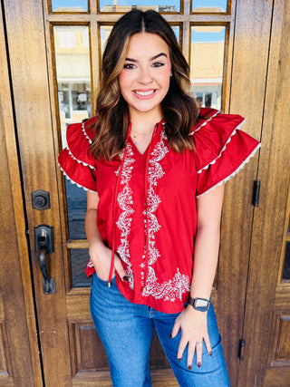 Don’t Look Back Flutter Sleeve Top • Brick-Stacey Kluttz-Shop Anchored Bliss Women's Boutique Clothing Store