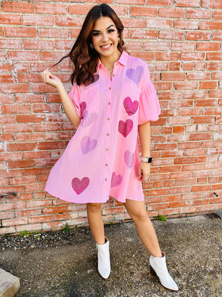 Love Everything About You Heart Sequin Dress • Pink-Peach Love-Shop Anchored Bliss Women's Boutique Clothing Store