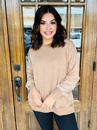 Go Easy on Me Acid Washed Hi Low Pullover • Camel-Zenana-Shop Anchored Bliss Women's Boutique Clothing Store