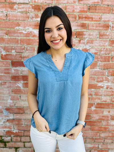 Breaking The Rules Ruffle Sleeve Top • Chambray-Emerald Creek-Shop Anchored Bliss Women's Boutique Clothing Store