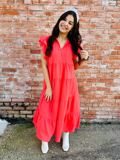 Doing My Best Tiered Midi Dress • Coral-Tracy Zelenuk-Shop Anchored Bliss Women's Boutique Clothing Store