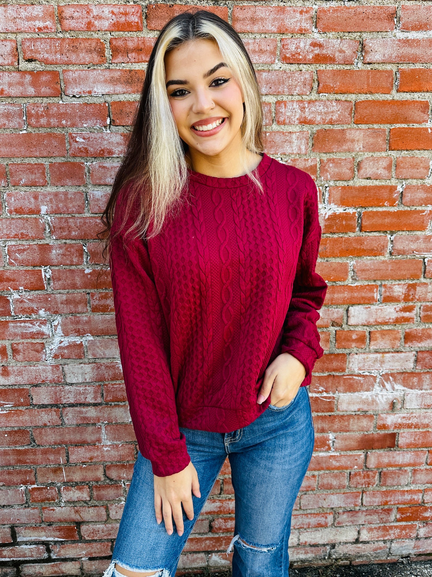 What You Do to Me Jacquard Pullover Top • Wine-Umgee-Shop Anchored Bliss Women's Boutique Clothing Store