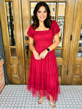 Dance With Me Smocked Tulle Dress • Deep Red-Blu Pepper-Shop Anchored Bliss Women's Boutique Clothing Store