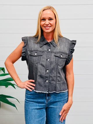 Deepest Desires Black Denim Ruffle Vest-Jess Lea Wholesale-Shop Anchored Bliss Women's Boutique Clothing Store