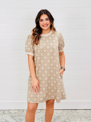Deeply in Love Textured Floral Puff Sleeve Mini Dress • Taupe-Umgee-Shop Anchored Bliss Women's Boutique Clothing Store