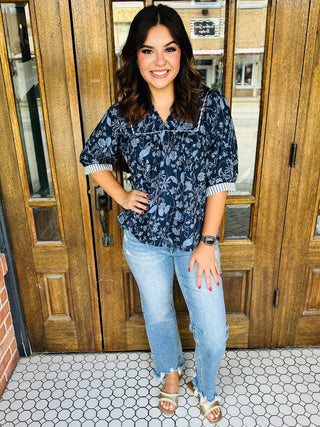Dreams Unfolding Floral Top • Navy-She+Sky-Shop Anchored Bliss Women's Boutique Clothing Store