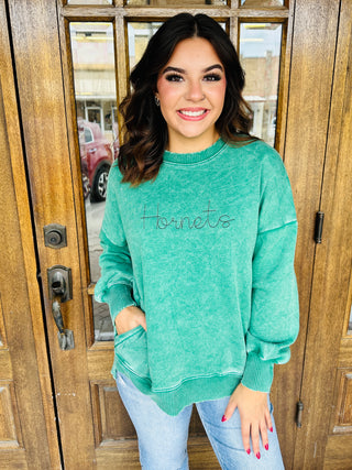 Hornets Bean Stitch Embroidered Mineral Washed Sweatshirt • Green-Harps & Oli-Shop Anchored Bliss Women's Boutique Clothing Store