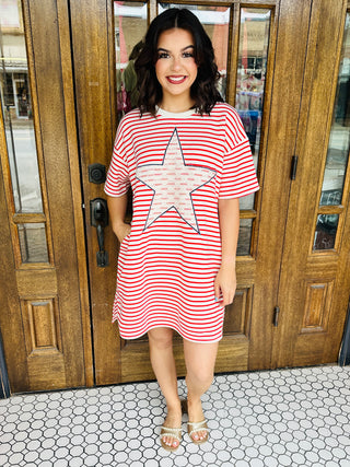 All American Stripes and Star Applique Relaxed T-Shirt Dress-Fantastic Fawn-Shop Anchored Bliss Women's Boutique Clothing Store