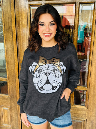 Bulldog Sequin Patch Mineral Washed Sweatshirt • Pepper-Harps & Oli-Shop Anchored Bliss Women's Boutique Clothing Store