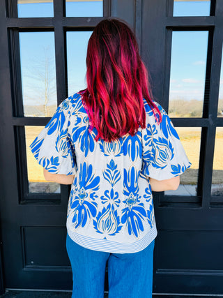 This Feels Right Abstract Print Bubble Sleeve Top • Blue-Umgee-Shop Anchored Bliss Women's Boutique Clothing Store