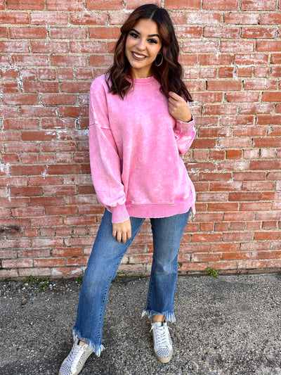 Coziest By Your Side Acid Washed Pullover • Candy Pink-Zenana-Shop Anchored Bliss Women's Boutique Clothing Store