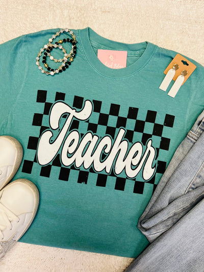 Checkered Teacher Puff Print Graphic Tee-P&PD-Shop Anchored Bliss Women's Boutique Clothing Store