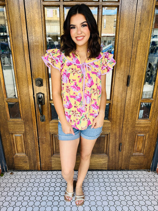Can't Steal My Sunshine Floral Ruffle Sleeve Top • Yellow-She+Sky-Shop Anchored Bliss Women's Boutique Clothing Store