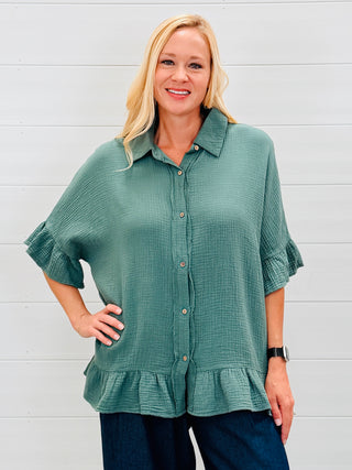 Confident in Every Way Gauze Ruffle Sleeve Top • Green-Easel-Shop Anchored Bliss Women's Boutique Clothing Store