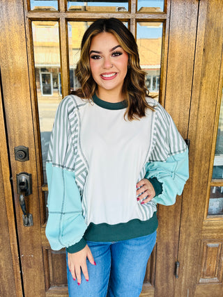 Worth Your Time Striped Color Block Sweatshirt • Mint Green-Oddi-Shop Anchored Bliss Women's Boutique Clothing Store