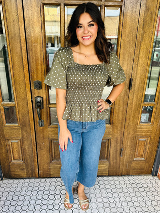 You Flatter Me Smocked Peplum Top • Olive-Stacey Kluttz-Shop Anchored Bliss Women's Boutique Clothing Store