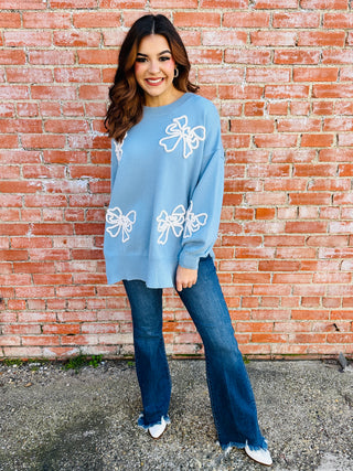 Be Your Forever Bow Embroidered Sweater • Blue-She+Sky-Shop Anchored Bliss Women's Boutique Clothing Store