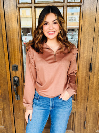 Count on Me Ruffle Shoulder Scuba Quarter Zip • Mocha-Umgee-Shop Anchored Bliss Women's Boutique Clothing Store