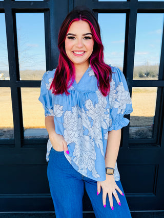 Perfect in Peonies V-Neck Puff Sleeve Top • Blue-Umgee-Shop Anchored Bliss Women's Boutique Clothing Store