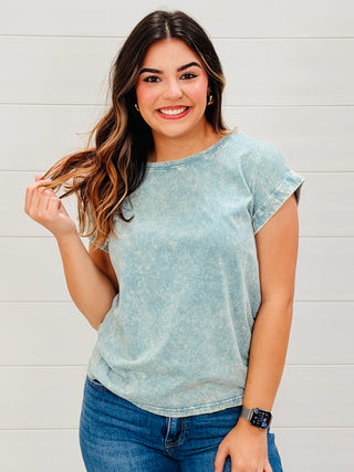 Calling My Name Acid Washed Cap Sleeve Top • Sky Blue-Zenana-Shop Anchored Bliss Women's Boutique Clothing Store