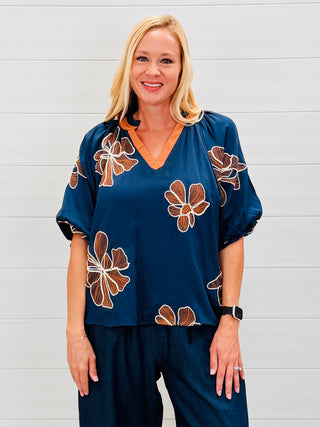 Midnight Meadow Embroidered Top • Navy-Stacey Kluttz-Shop Anchored Bliss Women's Boutique Clothing Store