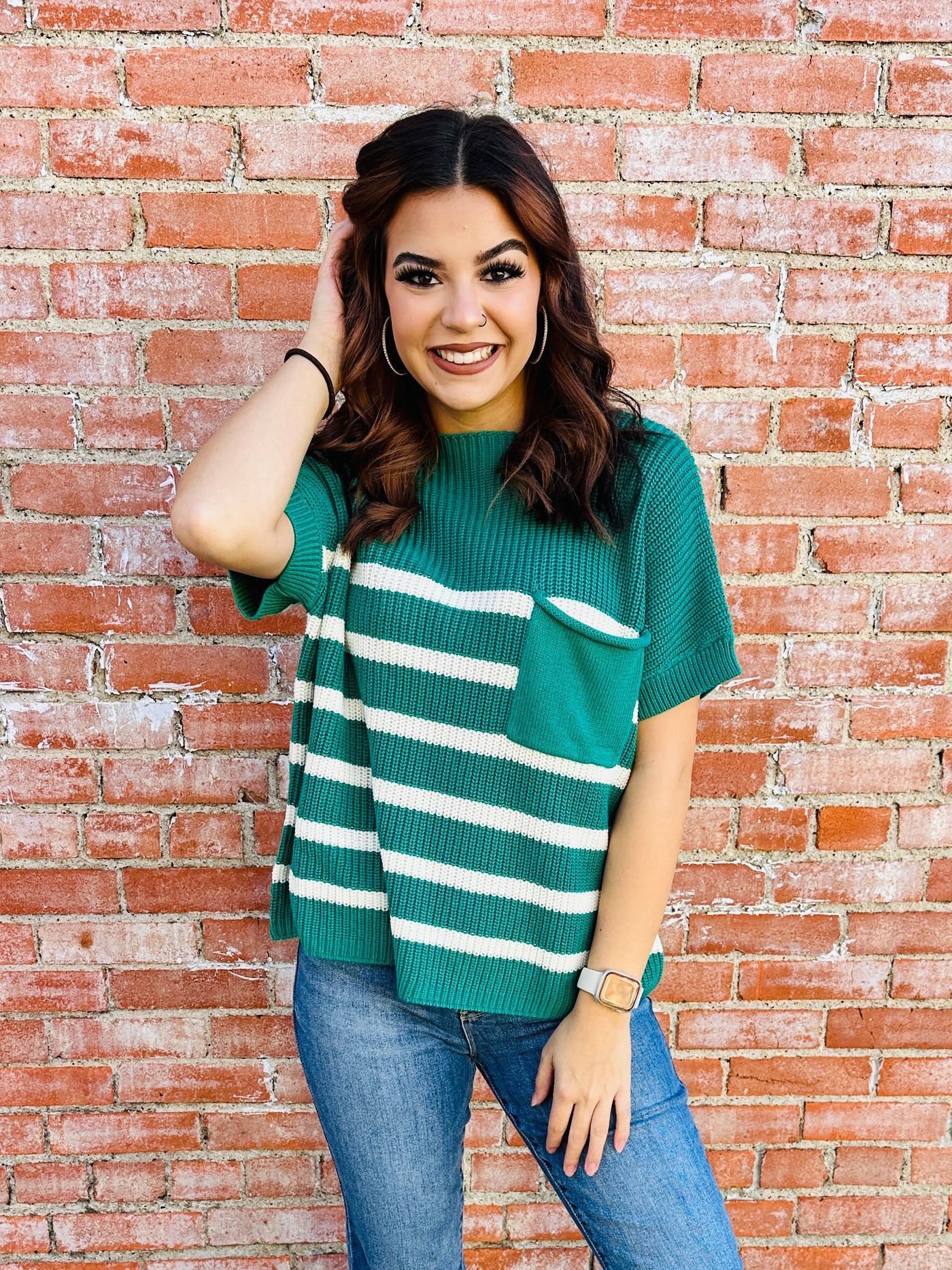 Heard About You Striped Sweater Top • Green-She+Sky-Shop Anchored Bliss Women's Boutique Clothing Store