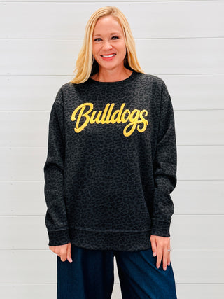 Bulldogs Chenille Patch Black Leopard Sweatshirt-Harps & Oli-Shop Anchored Bliss Women's Boutique Clothing Store