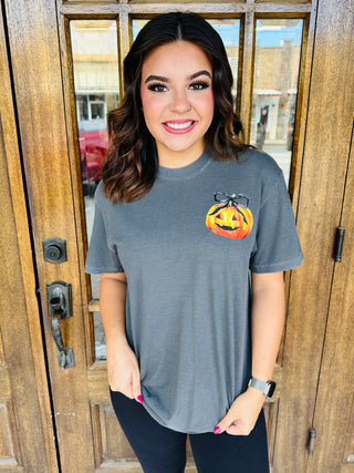 Pocket Bow Jack O Lantern Graphic Tee-Harps & Oli-Shop Anchored Bliss Women's Boutique Clothing Store
