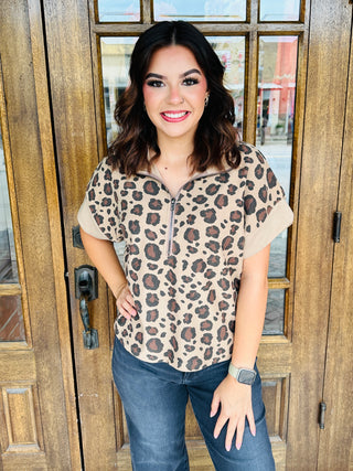 Wildly Ambitious Half Zip Top • Brown Leopard-She+Sky-Shop Anchored Bliss Women's Boutique Clothing Store