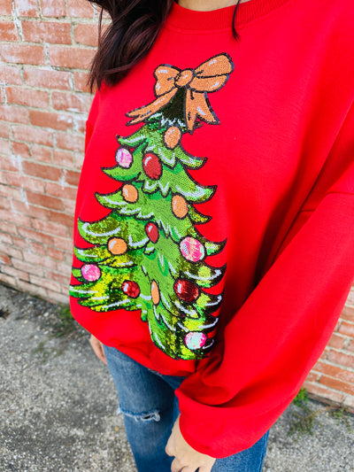 Oh Christmas Tree Sequin Sweatshirt • Red-Simply Southern-Shop Anchored Bliss Women's Boutique Clothing Store