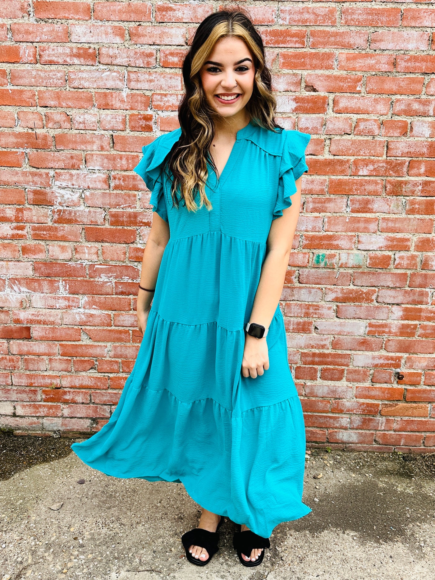 Trusting Heart Split Neck Tiered Midi Dress • Jade-Umgee-Shop Anchored Bliss Women's Boutique Clothing Store