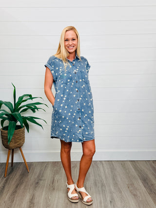 Easy Going Daisy Denim Mini Dress-She+Sky-Shop Anchored Bliss Women's Boutique Clothing Store