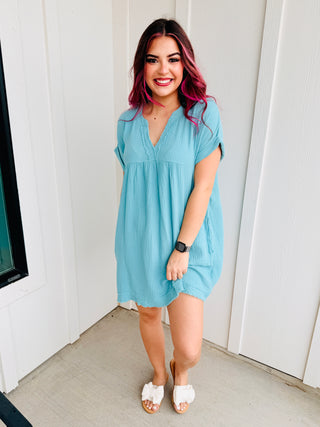 Easy Moves Mineral Washed Gauze Mini Dress • Dusty Teal-Zenana-Shop Anchored Bliss Women's Boutique Clothing Store