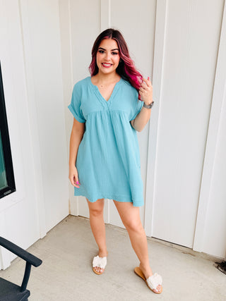 Easy Moves Mineral Washed Gauze Mini Dress • Dusty Teal-Zenana-Shop Anchored Bliss Women's Boutique Clothing Store