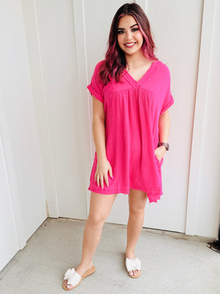Easy Moves Mineral Washed Gauze Mini Dress • Pink-Zenana-Shop Anchored Bliss Women's Boutique Clothing Store
