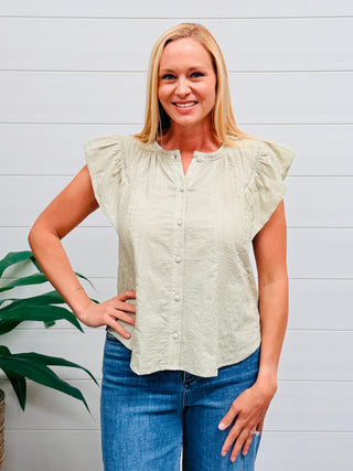 Easy to Love Flutter Sleeve Button Down Top • Sage Green-Blu Pepper-Shop Anchored Bliss Women's Boutique Clothing Store