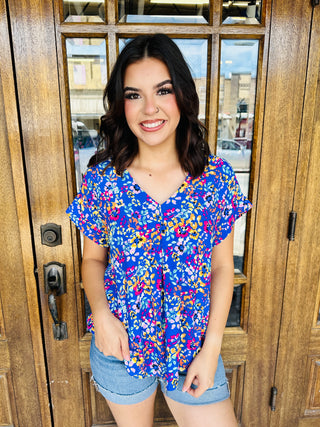 Easy to Please Floral V-Neck Top • Blue-She+Sky-Shop Anchored Bliss Women's Boutique Clothing Store