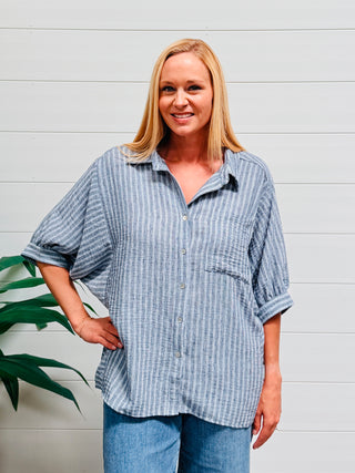 Exclaim My Love Striped Oversized Button Up Top-Very J-Shop Anchored Bliss Women's Boutique Clothing Store