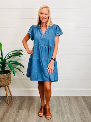 Timeless Charm Chambray Tiered Babydoll Mini Dress • Denim-Umgee-Shop Anchored Bliss Women's Boutique Clothing Store