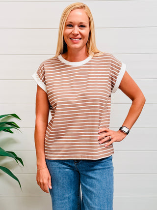 Weekend Favorite Cap Sleeve Striped Top • Mocha-Zenana-Shop Anchored Bliss Women's Boutique Clothing Store