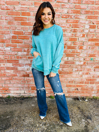 Coziest By Your Side Acid Washed Pullover • Turquoise-Zenana-Shop Anchored Bliss Women's Boutique Clothing Store