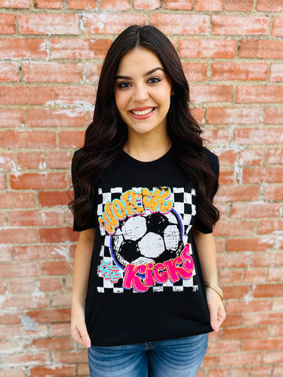 Worth the Kicks Soccer Graphic Tee-Emerald Creek-Shop Anchored Bliss Women's Boutique Clothing Store