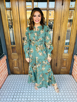 A Time to Remember Floral Print Tiered Maxi Dress Sage-Oddi-Shop Anchored Bliss Women's Boutique Clothing Store