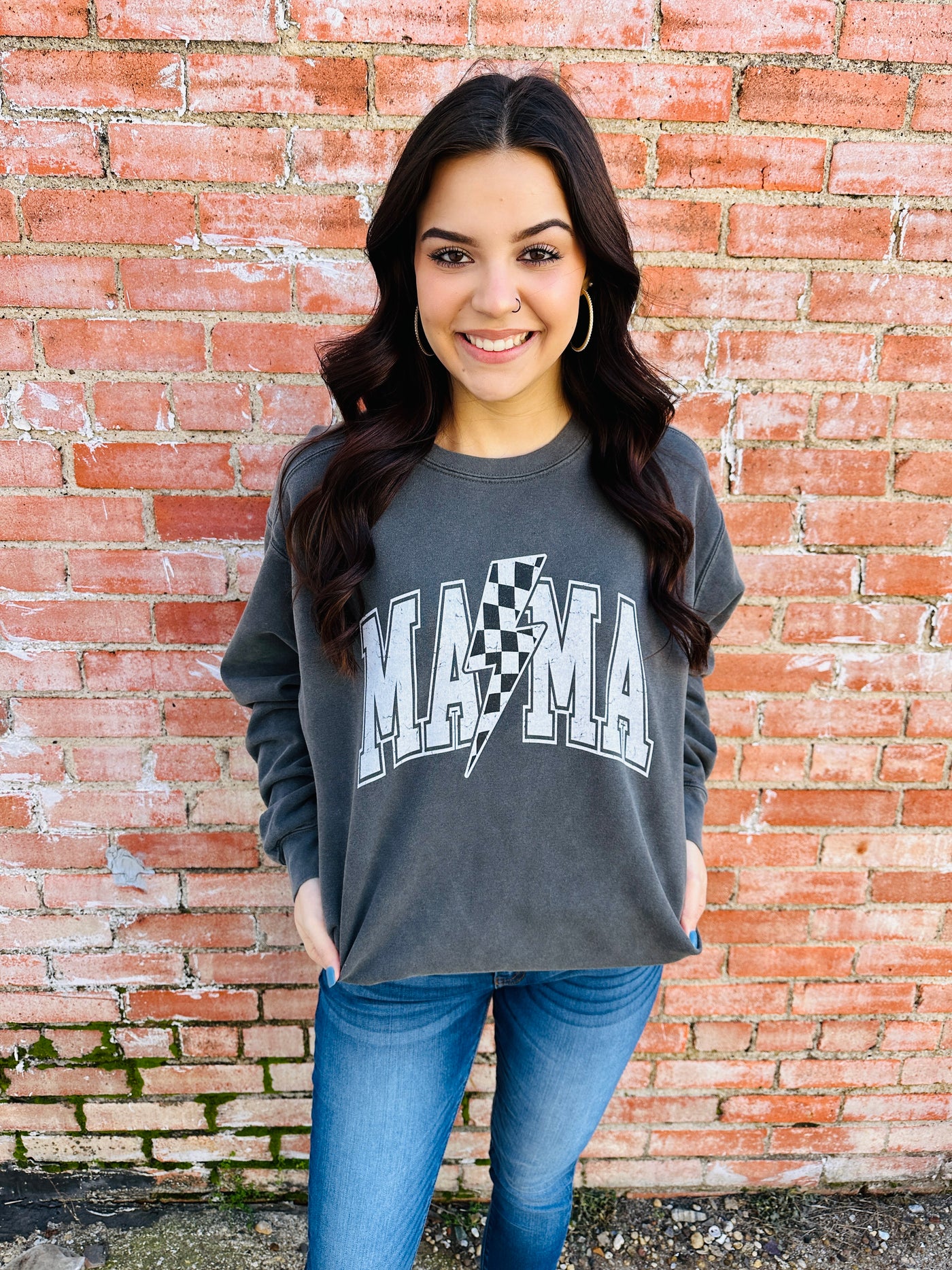 Checkered Bolt Mama Graphic Tee & Sweatshirt-Harps & Oli-Shop Anchored Bliss Women's Boutique Clothing Store