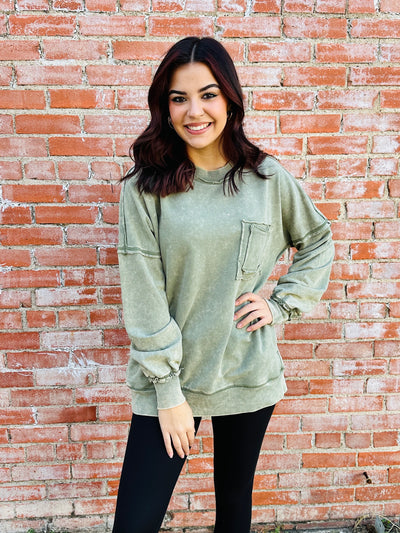 Always On Your Side Acid Washed Pullover • Olive-Zenana-Shop Anchored Bliss Women's Boutique Clothing Store