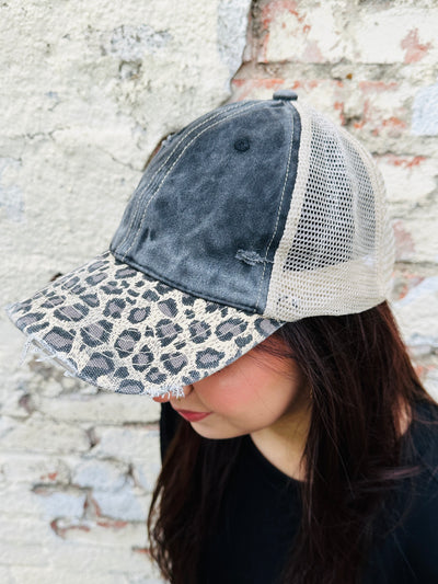 Leopard Brim Distressed Hat • Black-DMC-Shop Anchored Bliss Women's Boutique Clothing Store